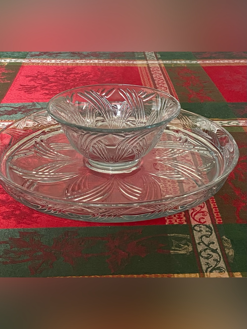 Vintage Anchor Hocking Serving Bowl, Cake Platter Set Clear Glass Swirl Etched